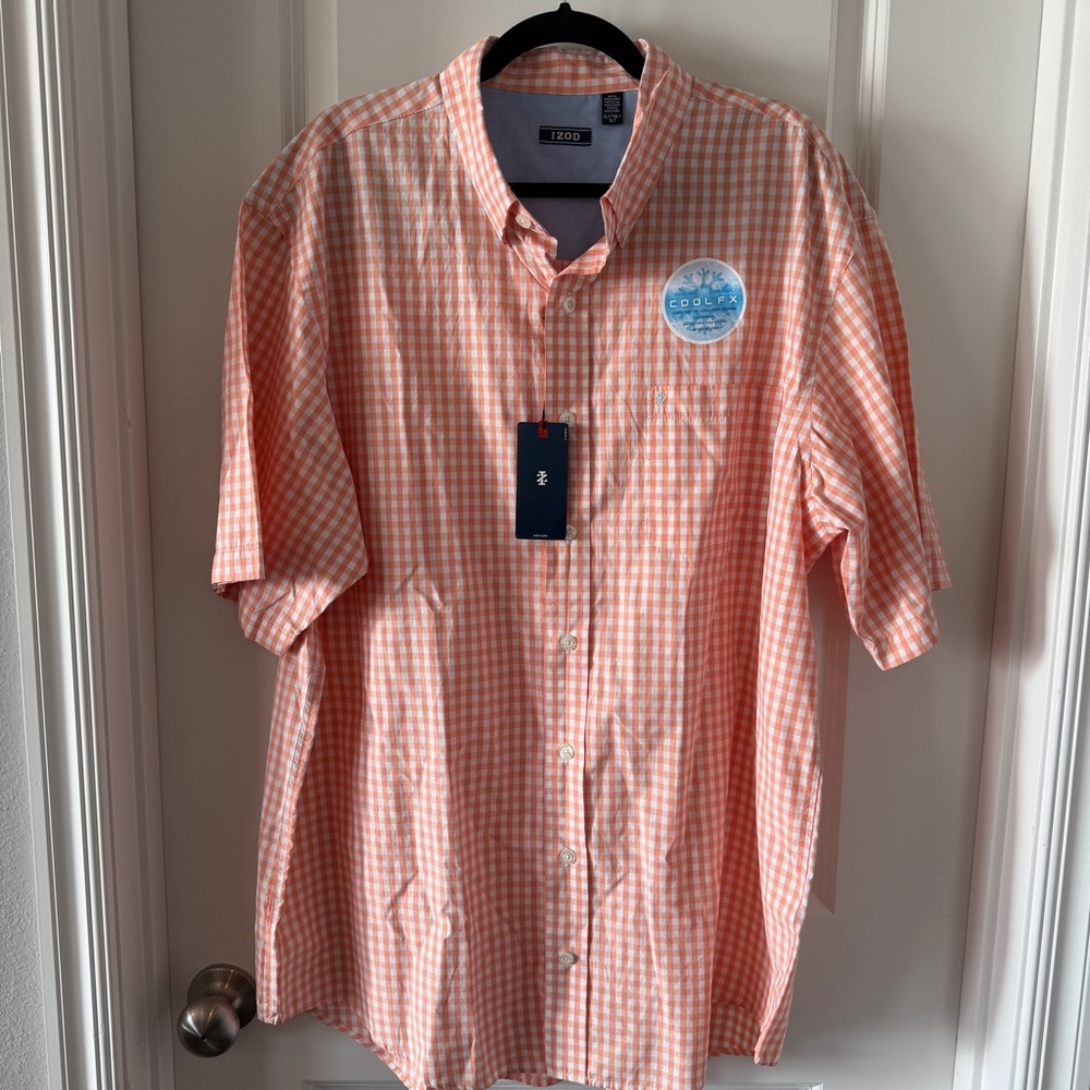 IZOD Breeze Button Down‎ Shirt Mens XLT Orange Gingham Check Woven CoolFX NWT
